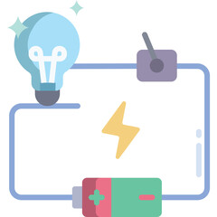 Illustration of a simple electrical circuit with a light bulb powered by a battery and a switch indicating an idea or innovation conceptual science and technology theme with clean lines and pastel