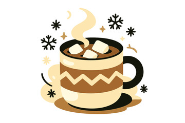 Cozy Winter Treat. Sweet winter drink. Hot chocolate with floating marshmallows in a festive mug, steam rising