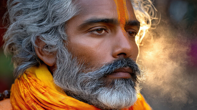 Sadhu in morning light reflects deep contemplation and serenity, embodying peace and wisdom in tranquil atmosphere