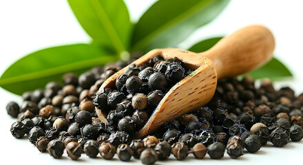 A wooden scoop filled with black peppercorns on a pile with green leaves in the background scene