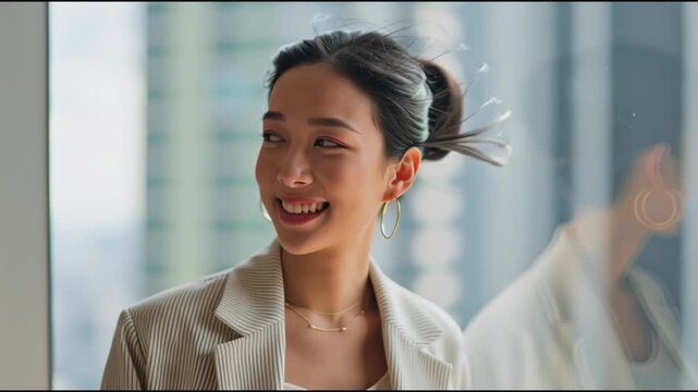 Confident young businesswoman standing by a window with a modern city view, exuding professionalism and ambition.