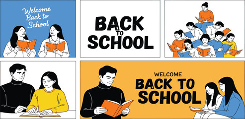 Illustrations depict diverse students engaged in reading and studying, symbolizing the pursuit of knowledge, personal growth, and the welcoming return to academic life and learning