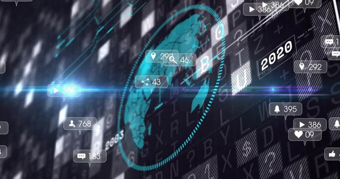 Scrolling grid and flare starting teal globe rotating while badges popping, showing global metrics - Powered by Adobe