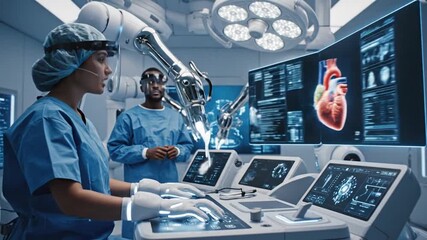 Futuristic medical surgery scene showcasing robotic arm, surgeons, and holographic heart visualization - Powered by Adobe