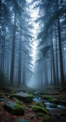 Obraz premium Enchanting Foggy Forest with a Serene Stream and Moss covered Stones
