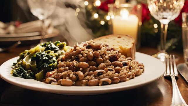 A plated meal of collard greens, black-eyed peas with rice, and bread, lit by candlelight