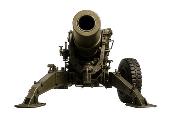 Short-barreled howitzer with a split trail carriage for enhanced stability.