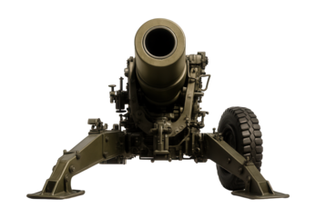 Short-barreled howitzer with a split trail carriage for enhanced stability.