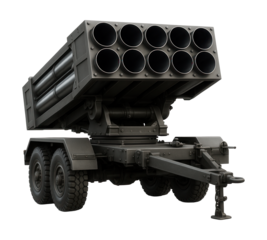 Multi-tube rocket artillery system mounted on a transport trailer.