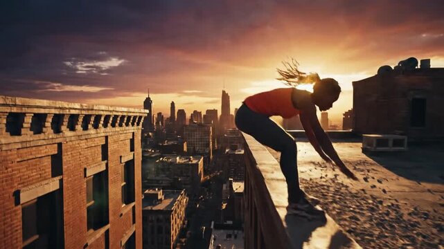 Urban parkour athlete mid-action on city rooftop, dramatic sunset sky and cityscape background.