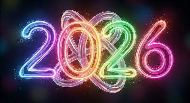 Vibrant neon '2026' with dynamic intertwined glowing ribbons, illuminating a dark background with bokeh, symbolizing future aspirations, new beginnings, innovation, and technological progress