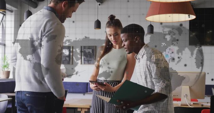 Woman starting tablet demo team leaning pointing deciding business with map overlay linking tablet