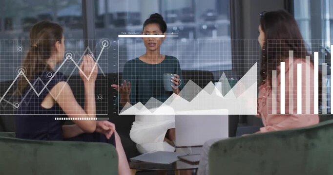 Three women business meeting lead woman gesturing and initiating charts or map over group showing KP