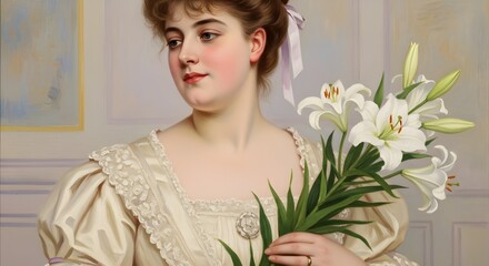 a fat woman in Edwardian gown gently holds a bouquet of lilies, gazing sideways. 