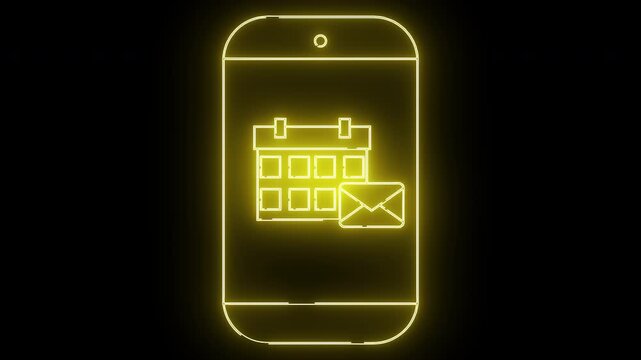 Glowing yellow neon outline of a smartphone displaying calendar  mail icons on a black background