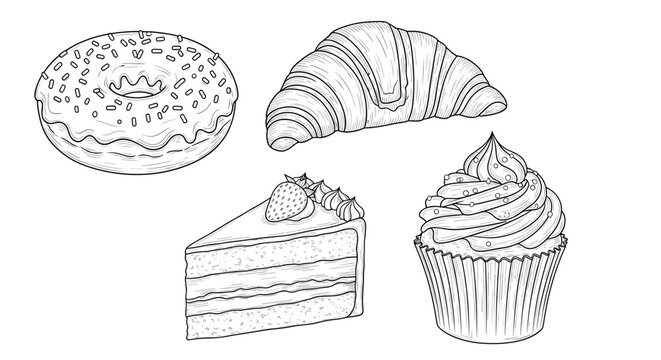 Delicious pastry sketches for baking projects, bakery menu designs and culinary illustrations