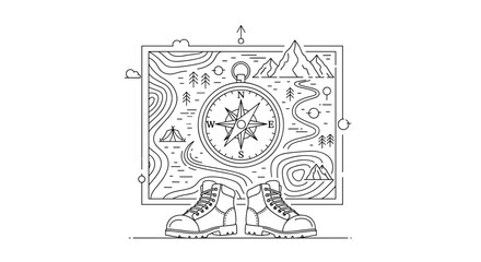 Adventure awaits: Hiking boots with compass and mountain map for wanderlust travel plans