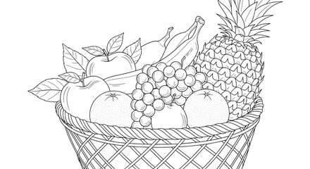 Elegant line art of fruit basket with pineapple, grapes, apple and banana for coloring books
