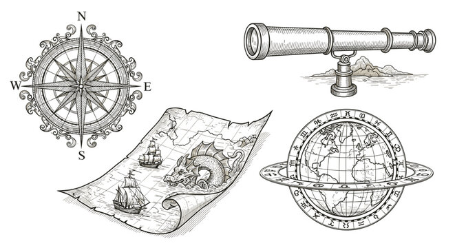 Vintage exploration tools and nautical map for adventure themes, perfect for travel and history projects