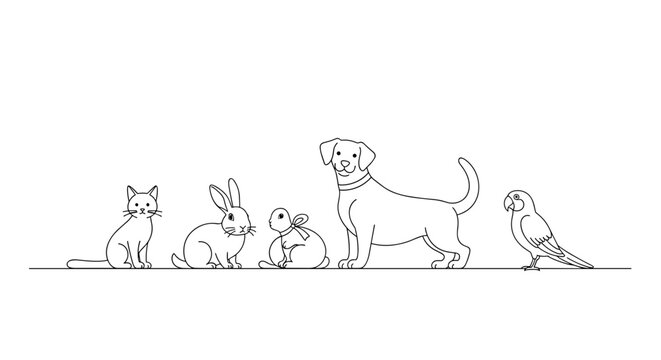 Adorable pets lineup ready for adoption, showcasing cat, rabbit, turtle, dog, and parrot