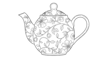 Elegant floral teapot vector drawing for coloring book project or vintage tea party design needs