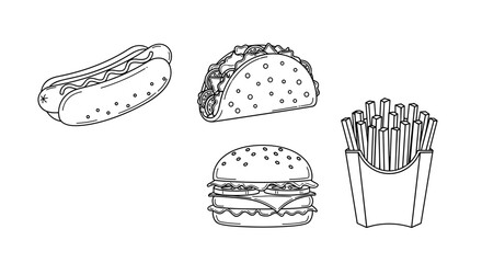 Line art of fast food favorites: hot dog, taco, burger, and fries for menu design and creative projects