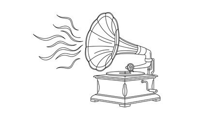 Vintage gramophone line drawing, antique record player for retro music lovers & historical designs