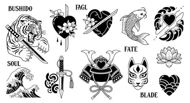 Japanese Tattoo Flash Designs Tiger Samurai Koi Fox Heart Wave Flowers Vector Art