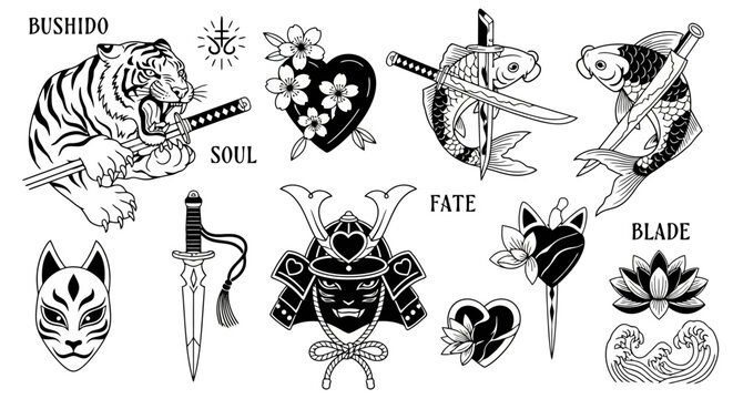 Japanese Tattoo Flash Sheet Bushido Tiger Samurai Helmet Koi Fish Kitsune Mask Cherry Blossoms Lotus Flowers Traditional Art Symbols