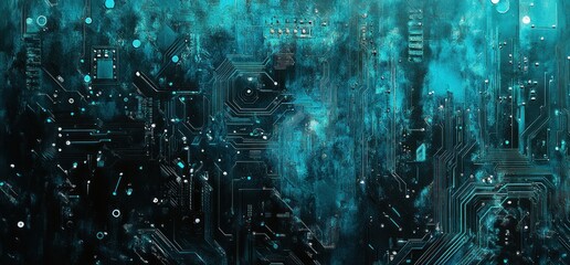 Intricate circuit board design with glowing blue accents and grunge texture