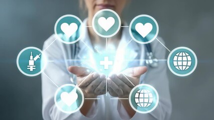 Female doctor holding medical plus sign, healthcare technology concept - Powered by Adobe