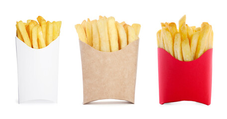 Tasty French fries in paper takeout containers isolated on white, set