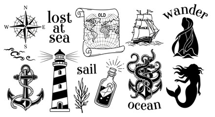 Nautical Adventure Icons Set Compass Anchor Ship Lighthouse Mermaid Map Bottle Vintage Tattoo Travel Graphics