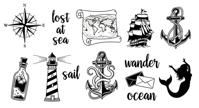 Nautical Adventure Icons Set Compass Map Ship Anchor Lighthouse Mermaid Message in a Bottle