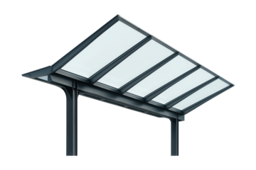 Canopy at tram station featuring angled glass panels and a steel structure.