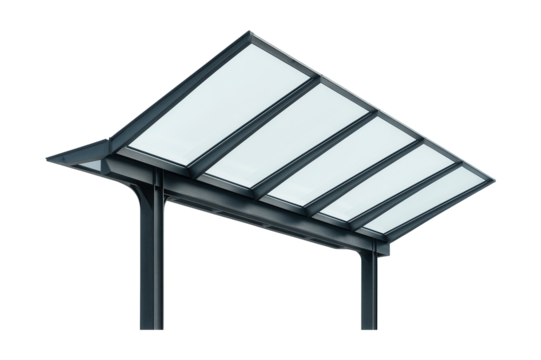 Canopy at tram station featuring angled glass panels and a steel structure.