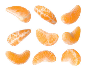 Tangerine segments isolated on white, set. Citrus fruit
