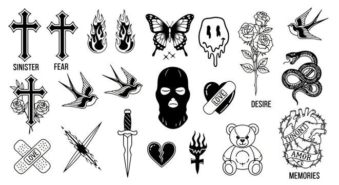 Edgy Tattoo Flash Sheet Crosses Skulls Butterflies Hearts and More Urban Grunge Alternative Style Icons