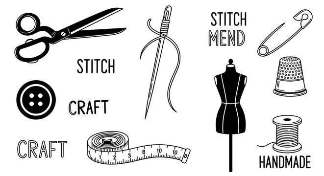 Sewing and Crafting Essentials Collection Scissors Needle Thread Button Thimble Mannequin Safety Pin and Measuring Tape Handmade and Stitch Elements