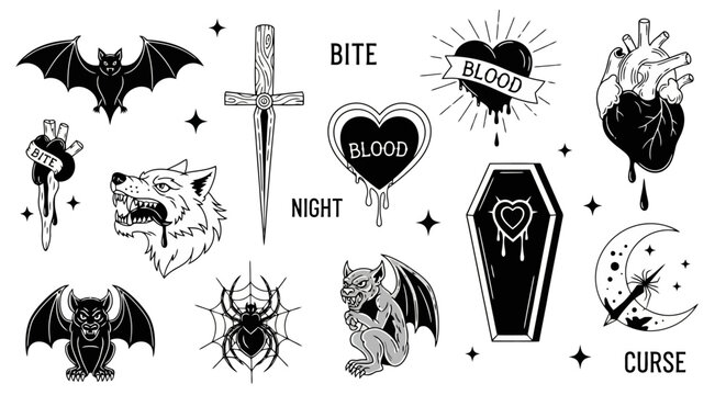 Gothic Vampire Tattoo Flash Sheet Bats Wolves Hearts Dagger Coffin Spider Moon