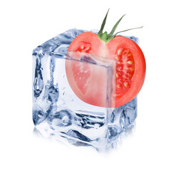 Half of fresh tomato in ice cube inside isolated on white