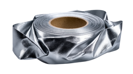 Wrapped Metallic Tape: A tightly coiled roll of metallic tape, its surface shimmering under a focused light, showcases its reflective nature and functional texture, presenting a sleek.