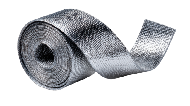 Insulation Tape Roll: A close-up shot captures a roll of shiny, silver insulation tape. The tape, designed for sealing and insulation purposes, is neatly rolled up, showcasing its metallic surface.