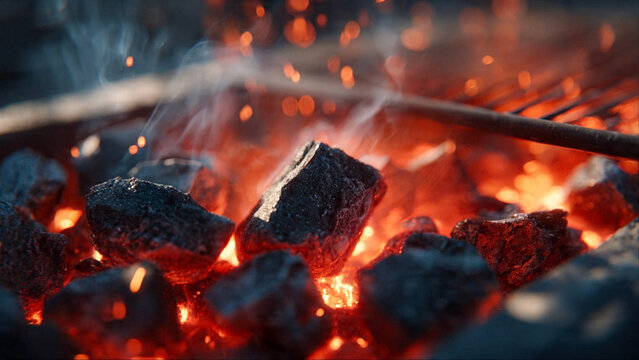 Intense glowing embers ignite for a summer barbecue cookout