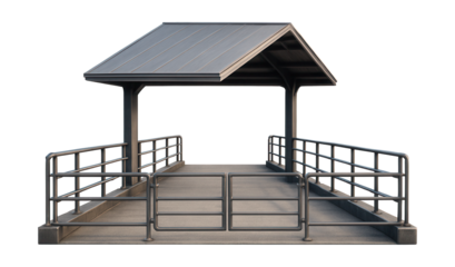 Ferry dock with a sloped roof and safety railing.