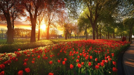 Enchanting tulip garden at sunrise capturing nature's beauty