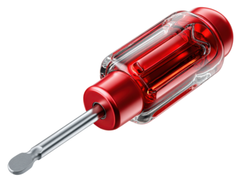 Screwdriver in Focus: A close-up view of a sleek, transparent red screwdriver, a quintessential tool for both professional and DIY tasks.