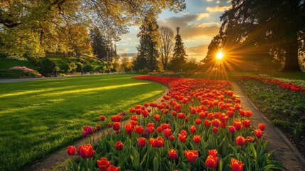 Scenic Tulip Garden at Sunset, A Symphony of Colors and Light