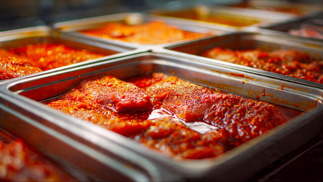 Spicy steaks marinating in trays ready for grilling tonight