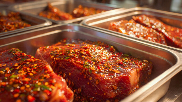 Savory marinated steaks ready for grilling in stainless steel trays